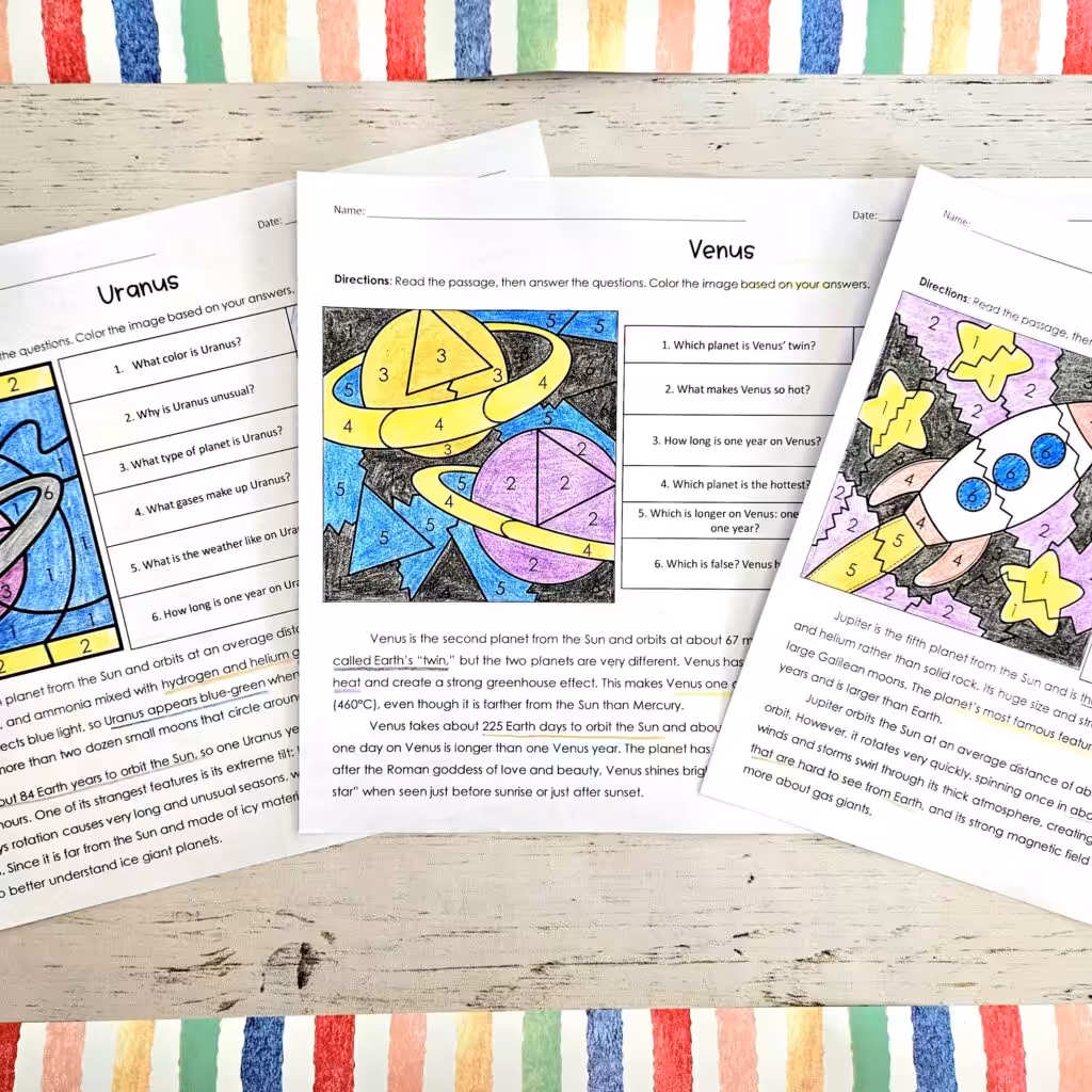 Science color by number worksheet with a reading passage and questions, used as a no-prep sub plan for 4th–6th grade