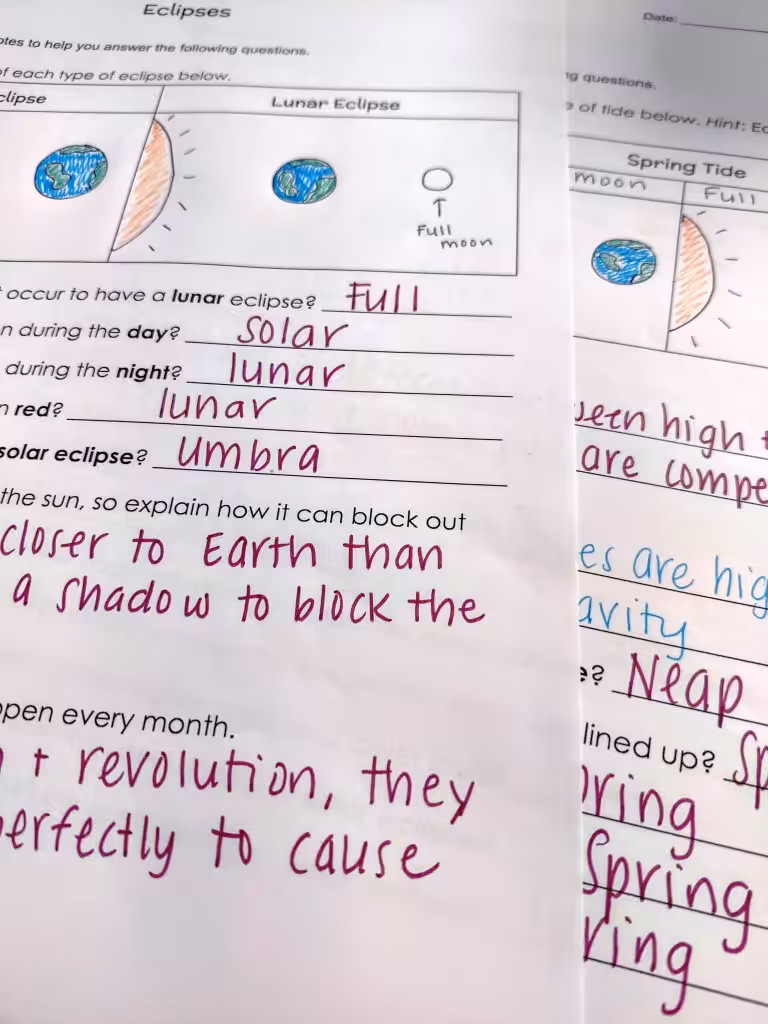 Tides and eclipses review worksheets with labeled diagrams